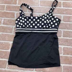 Lands End Tankini Top Women 10 Black White Polka Dot Underwire Bra‎ Wide Strap